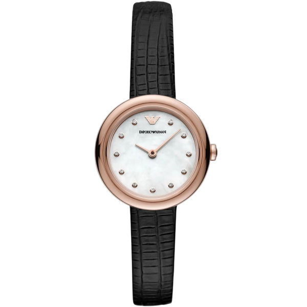 Emporio Armani Rosa AR11459 Часовник за жени Emporio Armani Rosa AR11459. Верижка естествена кожа в черен цвят. Кварцов механизъм. Водозащита 3 АТМ (водни пръски).