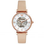 Часовник за жени Emporio Armani Meccanico AR60001. Верижка естествена кожа в бежов цвят. Автоматичен механизъм. Водозащита 3 АТМ (водни пръски).