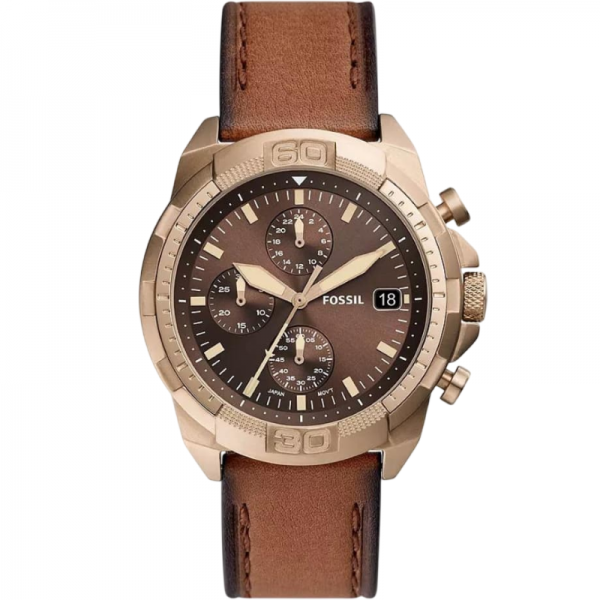 Часовник за мъже Fossil FS5857 Bronson. Верижка естествена кожа в кафяв цвят. Кварцов механизъм. Водозащита 5 АТМ (душ).