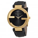 Часовник за жени Gucci YA133326 Interlocking G-Gold. Верижка естествена кожа в черен цвят. Кварцов механизъм. Водозащита 5 АТМ (душ).
