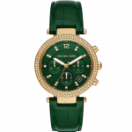Часовник за жени Michael Kors Parker MK6985. Верижка естествена кожа в зелен цвят. Кварцов механизъм. Водозащита 5 АТМ (душ).