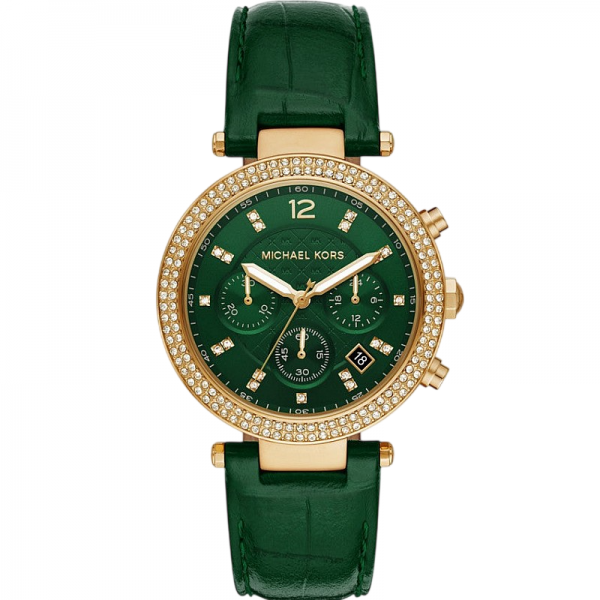 Часовник за жени Michael Kors Parker MK6985. Верижка естествена кожа в зелен цвят. Кварцов механизъм. Водозащита 5 АТМ (душ).
