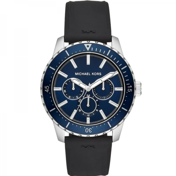 Michael Kors Cunningham MK7160 Часовник за мъже Michael Kors Cunningham MK7160. Верижка силиконова в черен цвят. Кварцов механизъм. Водозащита 5 АТМ (душ).