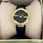 Часовник за жени Gucci YA133326 Interlocking G-Gold. Верижка естествена кожа в черен цвят. Кварцов механизъм. Водозащита 5 АТМ (душ).
