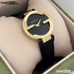 Часовник за жени Gucci YA133326 Interlocking G-Gold. Верижка естествена кожа в черен цвят. Кварцов механизъм. Водозащита 5 АТМ (душ).