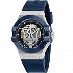 Maserati Potenza Skeleton R8821108035 Часовник за мъже Maserati Potenza Skeleton R8821108035. Верижка силиконова в син цвят. Автоматичен механизъм. Водозащита 10 АТМ (плуване).