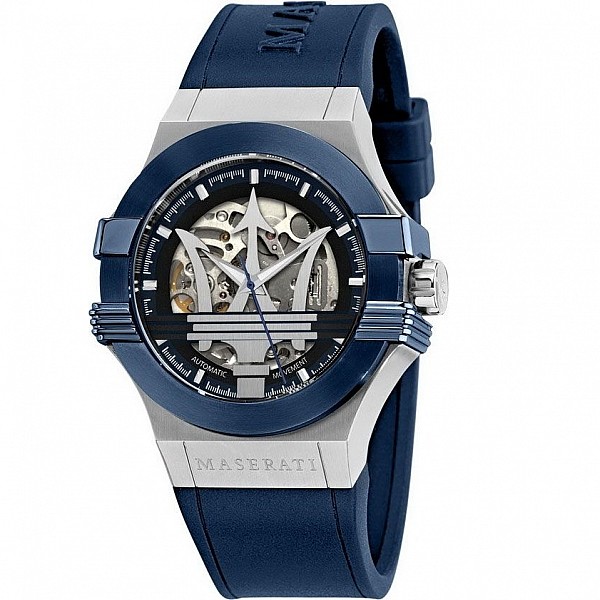 Maserati Potenza Skeleton R8821108035 Часовник за мъже Maserati Potenza Skeleton R8821108035. Верижка силиконова в син цвят. Автоматичен механизъм. Водозащита 10 АТМ (плуване).