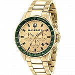 Ръчен часовник Maserati R8873640005 Sfida Часовник за мъже Maserati R8873640005 Sfida. Верижка метална в златист цвят. Кварцов механизъм. Водозащита 10 АТМ (плуване).