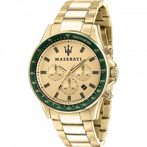 Ръчен часовник Maserati R8873640005 Sfida Часовник за мъже Maserati R8873640005 Sfida. Верижка метална в златист цвят. Кварцов механизъм. Водозащита 10 АТМ (плуване).