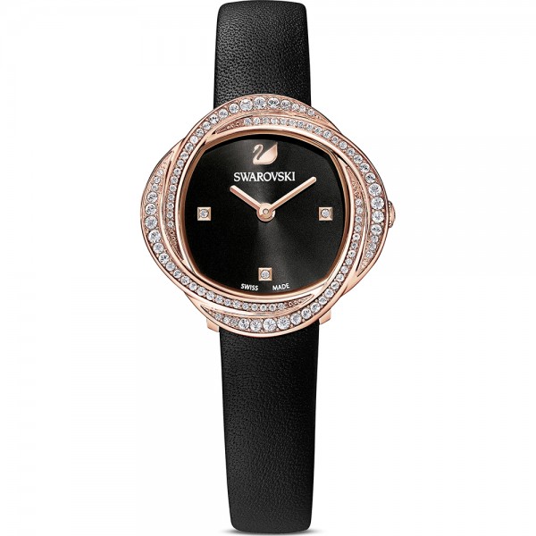 Часовник за жени Swarovski 5552421 Crystal Flower. Верижка естествена кожа в черен цвят. Кварцов механизъм. Водозащита 5 АТМ (душ).