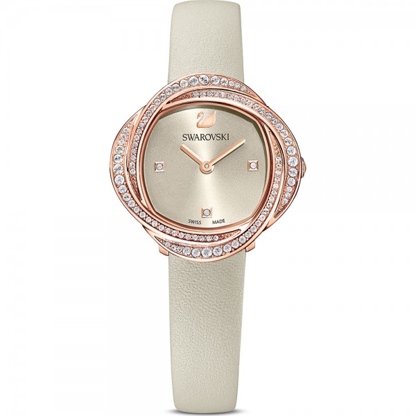 Swarovski 5552424 Crystal Flower Часовник за жени Swarovski 5552424 Crystal Flower. Верижка естествена кожа в бежов цвят. Кварцов механизъм. Водозащита 5 АТМ (душ).