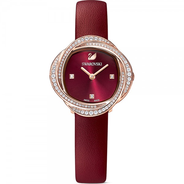 Swarovski 5552780 Crystal Flower Часовник за жени Swarovski 5552780 Crystal Flower. Верижка естествена кожа в червен цвят. Кварцов механизъм. Водозащита 5 АТМ (душ).