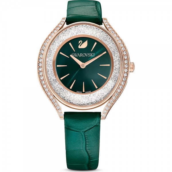 Swarovski 5644078 Crystalline Aura Часовник за жени Swarovski 5644078 Crystalline Aura. Верижка естествена кожа в зелен цвят. Кварцов механизъм. Водозащита 5 АТМ (душ).