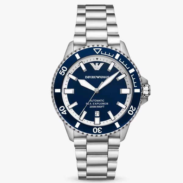 Часовник за мъже Emporio Armani AR60087 Sea Explorer. Верижка метална в сребрист цвят. Автоматичен механизъм. Водозащита 20 АТМ (гмуркане).