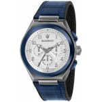 Часовник за мъже Maserati R8871639001 Triconic. Верижка естествена кожа в син цвят. Кварцов механизъм. Водозащита 10 АТМ (плуване).