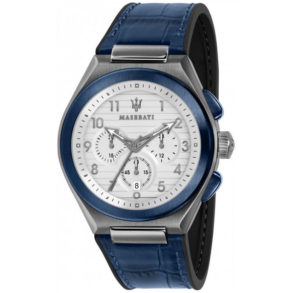 Часовник за мъже Maserati R8871639001 Triconic. Верижка естествена кожа в син цвят. Кварцов механизъм. Водозащита 10 АТМ (плуване).