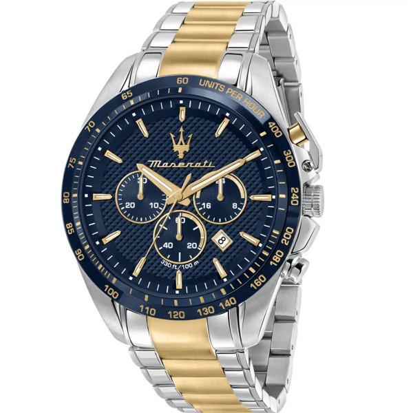 Часовник за мъже Maserati R8873612046 Traguardo. Верижка метална в златист цвят. Кварцов механизъм. Водозащита 10 АТМ (плуване).