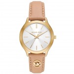Часовник за жени Michael Kors Slim Runway MK7533. Верижка естествена кожа в розов цвят. Кварцов механизъм. Водозащита 5 АТМ (душ).