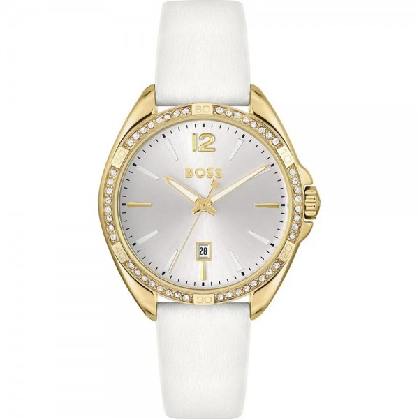 Hugo Boss 1502619 Felina Часовник за жени Hugo Boss 1502619 Felina. Верижка естествена кожа в бял цвят. Кварцов механизъм. Водозащита 3 АТМ (водни пръски).