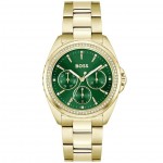 Часовник за жени Hugo Boss 1502714 Atea. Верижка метална в златист цвят. Кварцов механизъм. Водозащита 3 АТМ (водни пръски).