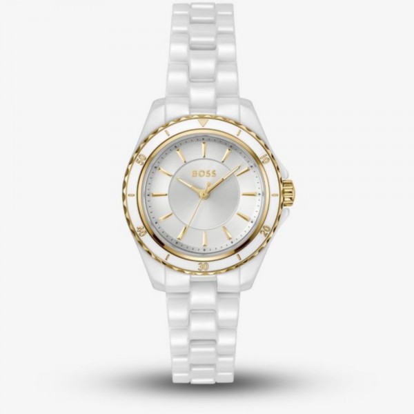 Часовник за жени Hugo Boss 1502850 Sage. Верижка керамична в бял цвят. Кварцов механизъм. Водозащита 3 АТМ (водни пръски).